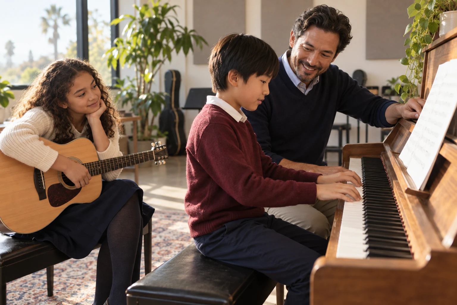 Illustrative piano and guitar learning scene